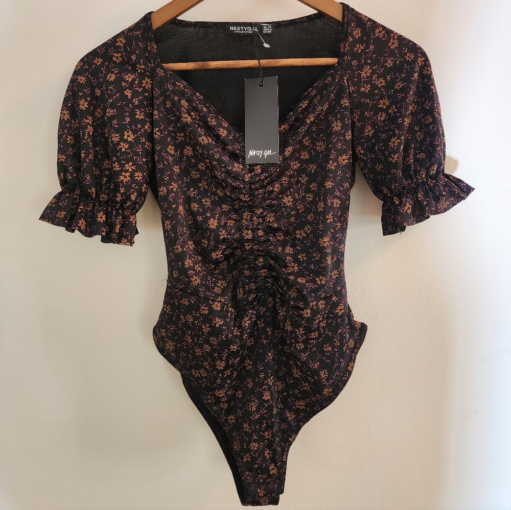 Nasty Gal Black Floral Puff-Sleeve Bodysuit